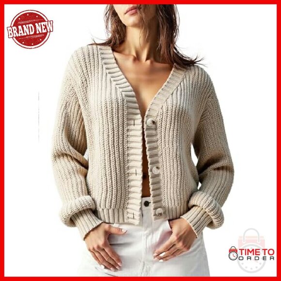 Chunky Knit Cardigan Oversized V-Neck Waffle Texture Sweater - Picture 4 of 7
